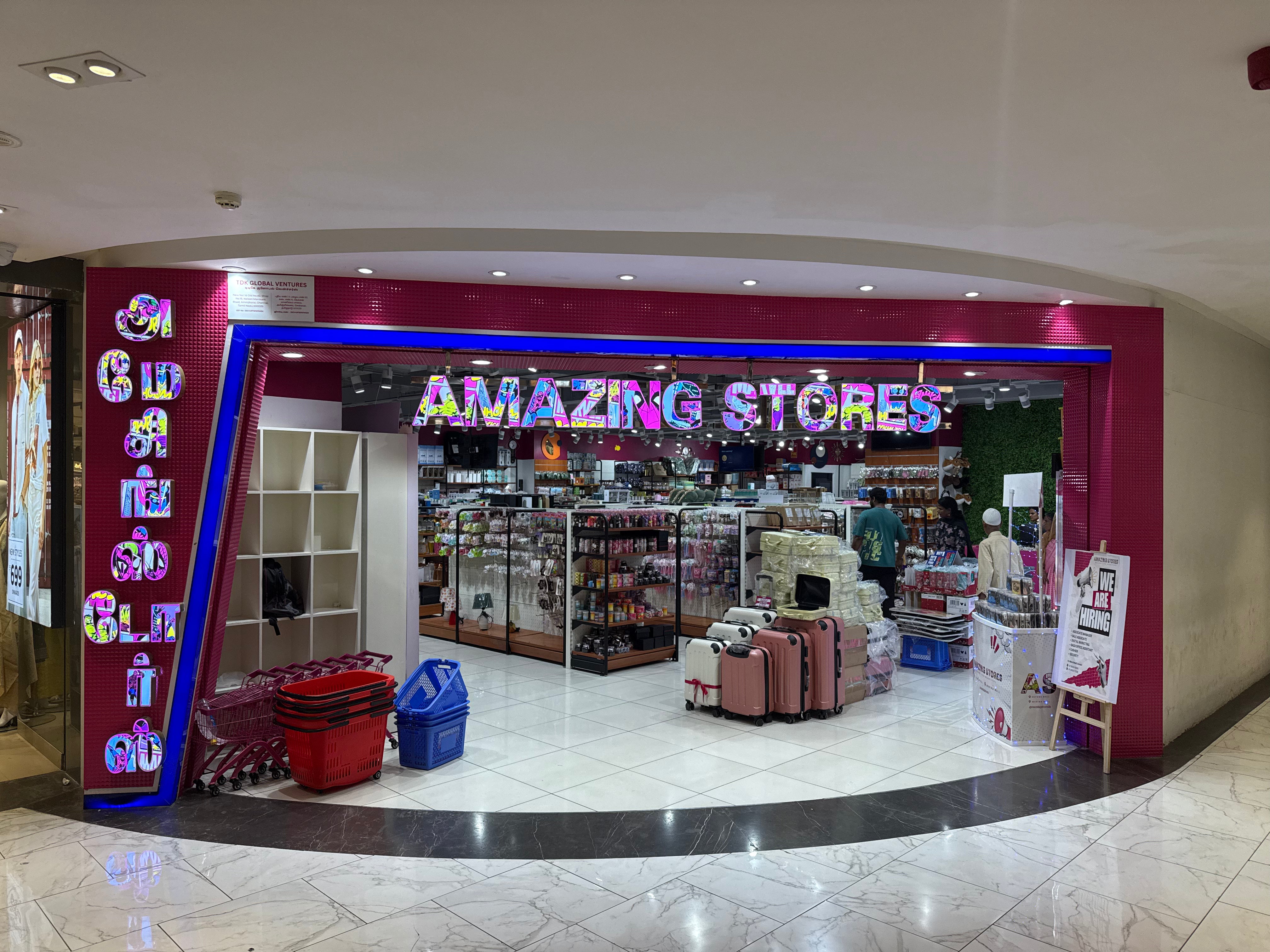 Storefront with 'AMAZING STORES' sign in a shopping mall